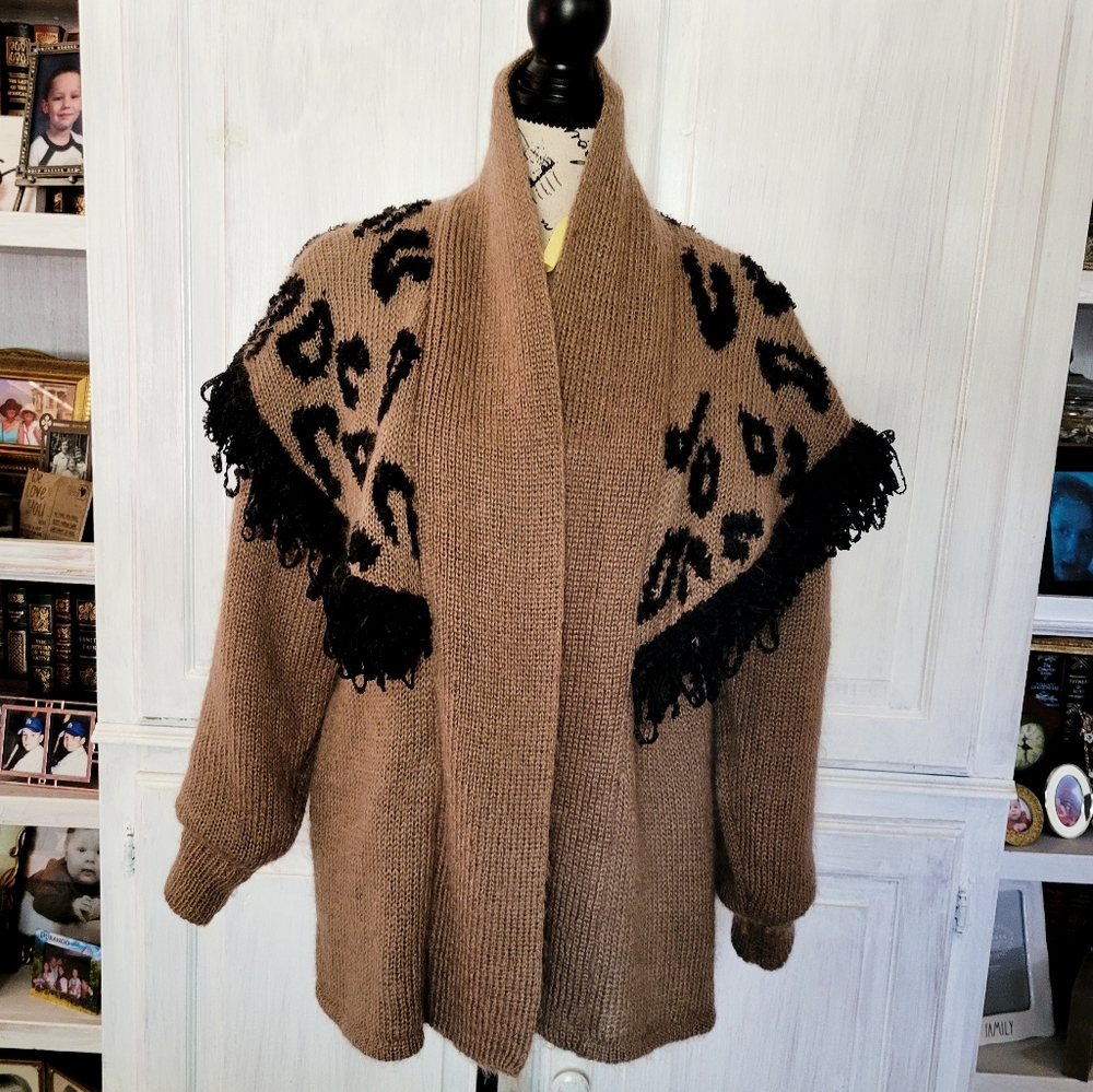 Career Franklin Mohair Cardigan Sweater Fringe Animal Print Shawl Collar Vintage
